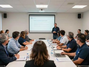 Medium wide shot of an insurance training session in a provincial Argentine conference room, mixed-age adults around a table with printed materials, presenter standing beside a projected screen, bright overhead and natural light, documentary framing