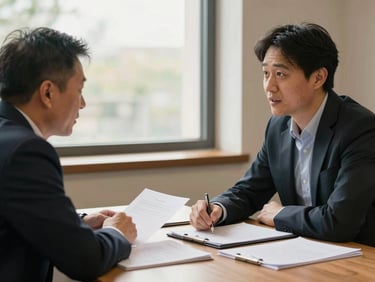 Two professionals in a mid-conversation meeting at a conference table, documents open between them, natural light through a window behind them, warm tones, environmental framing at mid-distance — no posed smiling, genuine working discussion