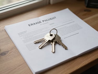 Overhead desk shot of a real estate purchase agreement spread open, a set of keys resting on the page, natural daylight from a nearby window, warm neutral tones, close environmental framing