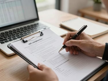 Close-up of hands reviewing a multi-page legal compliance checklist on a clipboard, a laptop open in the background with a spreadsheet visible, warm office ambient light, natural daylight from a side window, editorial desk framing