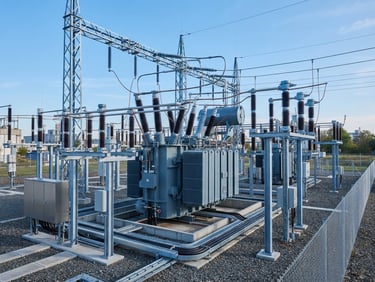 Professional engineering photography, crisp natural daylight, clean technical details of a modern commercial electrical substation, sharp focus, blue and slate tones, 35mm architectural lens.
