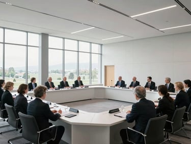 A wide environmental shot of a modern diplomatic summit room in Geneva, high-key natural light pouring through large windows, clean minimalist design.