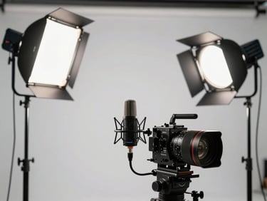 A professional broadcast studio setup with bright daylight key lights, modern micro, and clean minimalist background, premium television style.