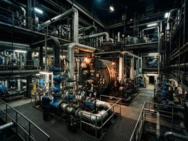 Wide environmental shot of a massive industrial boiler room with complex manifold piping, blue steel valves, high-contrast dramatic lighting, 35mm photography