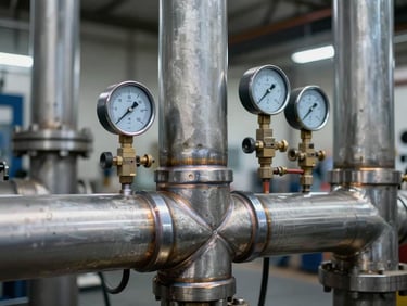 Close-up of precise pipe welds and pressure gauges, high-contrast industrial lighting, cool steel tones, 35mm