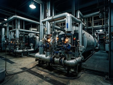 Wide environmental shot of an industrial boiler room, complex steel manifold piping with pressure gauges and blue valves, dramatic high-contrast mechanical lighting, cool metallic tones with warm indicator lights, 35mm architectural photography