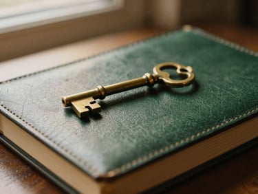 A vintage brass key resting on a leather-bound journal, warm golden light, shallow depth of field.