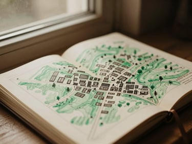 An open vintage notebook showing a hand-drawn map of a small town, warm sepia tones, soft window light.
