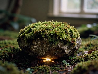 A mossy stone in a lush green garden with a tiny glowing light beneath it, magical realism, soft focus.