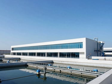 Architectural shot of a modern municipal water treatment plant, clear blue sky, crisp daylight.