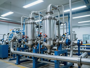 Industrial filtration system with complex pipework in a factory setting, cool fluorescent lighting.