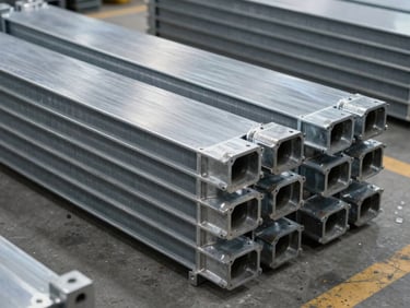 Heavy-duty steel radiator panels stacked on the factory floor, clean industrial geometry