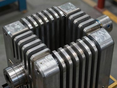 Precision-cut grain-oriented silicon steel laminations stacked into a heavy transformer core