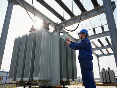 High-contrast dramatic shot of an electrical technician examining a transformer radiator panel on site, bright morning light cutting through heavy steel structures, wide angle.