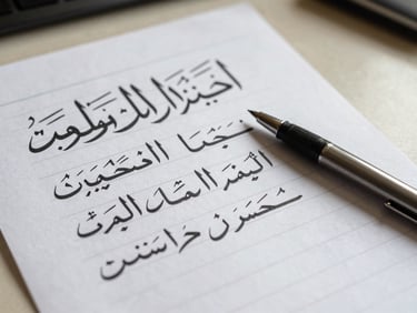 Close-up overhead of handwritten Arabic calligraphy practice sheets spread on a light desk, a fine-tipped pen resting beside ruled lines, natural midday light, no faces