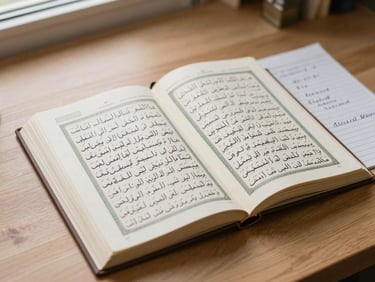 Close-up overhead view of an open Quran on a clean wooden desk, soft natural daylight from a nearby window, a handwritten notebook with organized Arabic notes beside it, no people
