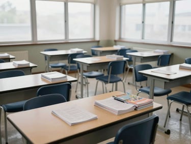 Wide shot of an organized classroom study area with evenly spaced chairs and desks, printed course materials stacked on each desk, natural midday light through frosted windows, empty room ready for students