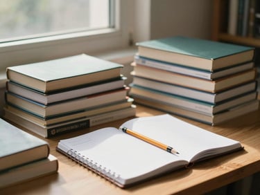 Wide shot of an organized study corner with a stack of textbooks, a spiral notebook open to a structured outline page, a pencil laid across it, soft natural daylight from a nearby window, no people