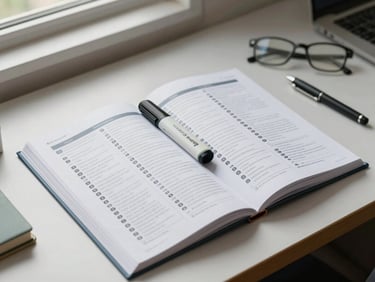 Wide environmental shot of a student's desk from slightly above, an open structured curriculum booklet with numbered sections visible, a highlighter resting on the page, organized stationery to the side, clean natural light from a window to the upper left, no face shown