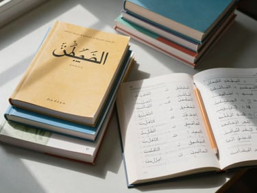Overhead flat-lay of Arabic language textbooks stacked neatly on a light desk, a pencil resting on an open grammar exercise page, natural window light casting soft shadows, no people