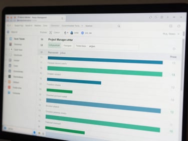 Close detail of a project management software dashboard with task columns and progress bars, flat studio lighting, clean white UI screenshot