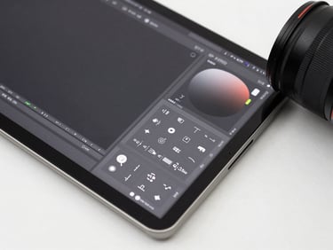 Overhead flat-lay close-up of a graphic design software interface with vector tools visible, bright studio lighting, neutral white background