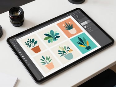 Overhead flat-lay of a design tool interface showing vector artwork panels on a clean white desk, bright studio lighting, precise product screenshot framing