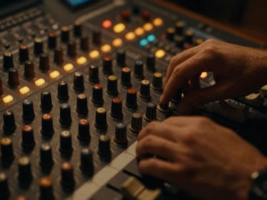 Close-up of hands adjusting knobs on an analog mixing console, warm amber glow from indicator lights, 35mm film grain.