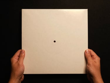 Physical vinyl record mockup with minimalist cover art, hands holding the record, low-key lighting, soft reflections