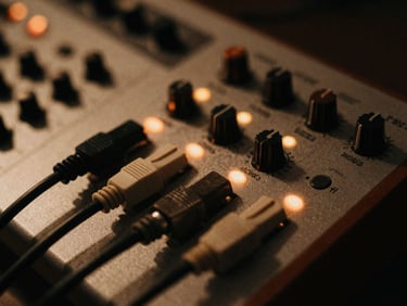 Macro shot of patch cables connecting vintage analog synthesizers, warm indicator lights, focused on texture and material, low-key lighting.