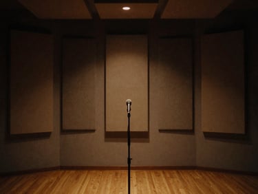 Wide environmental shot of an empty live recording room, acoustic panels, low light, a single microphone stand in the foreground, moody atmosphere.