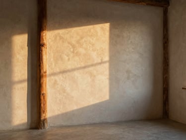 Soft golden hour light hitting textured plaster walls and raw timber columns inside a silent, unpeopled room.