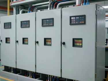 Industrial plant room showing clean, labeled distribution boards and structured wiring