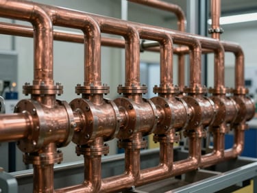 Tight macro shot of perfectly aligned copper piping manifolds inside a clean industrial plant room