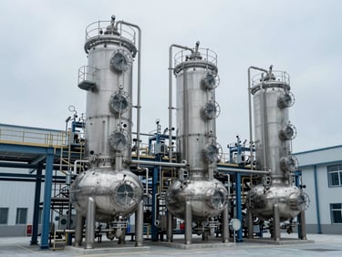 Interior perspective of a sophisticated modern chemical processing facility, clean steel vessels, architectural lighting.