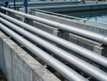 Industrial pipelines running parallel along a concrete structure at a water treatment plant, sharp focus, clean cool lighting.