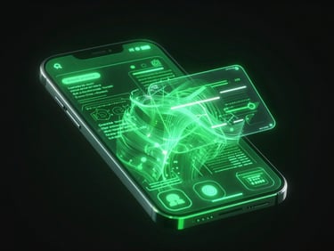 futuristic 3d render, glowing neon green holographic projection of mobile app interface, abstract digital data flows, absolute dark background, glassmorphism, octane render, sharp focus