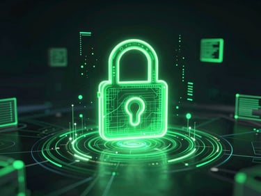 futuristic 3d render, glowing neon green holographic visualization of secure API integration and data encryption, abstract digital data flows, absolute dark background, glassmorphism, octane render, sharp focus
