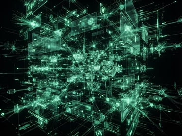 Glowing neon green holographic projection of complex network architecture over a dark background, layered glassmorphism, sharp focus, futuristic 3d render.