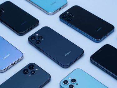 High-end Samsung Galaxy smartphones arranged in a clean technical flatlay, cool blue studio lighting