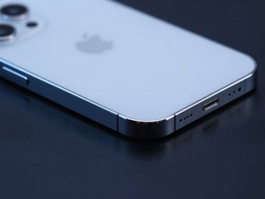 Close-up commercial shot of a pristine smartphone profile on a reflective dark surface, cool blue studio lighting highlighting the metallic edge, sharp focus.