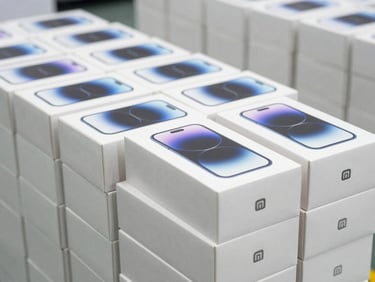 Sealed retail packaging boxes of Xiaomi smartphones neatly stacked in an organized logistics facility, bright daylight