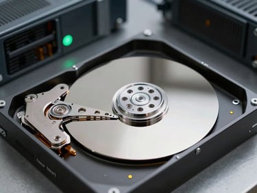 Cool clinical macro shot of a server hard drive being physically shredded inside a high-security facility, steel gray tones, subtle green status light.