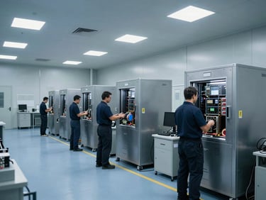 Wide architectural shot of a clinical, high-security data destruction facility, cool blue and steel-gray lighting, technicians processing hardware.