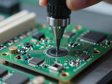 Macro close-up of a high-end green circuit board being processed by precise mechanical tools under cool clinical lighting.