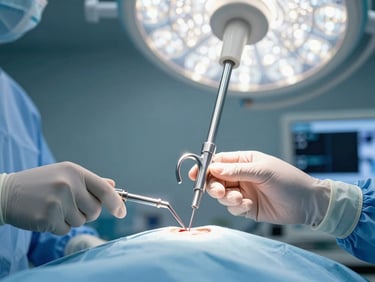Close-up of a laparoscopic camera trocar being positioned on a surgical drape, operating-theater overhead light reflected on the metal shaft, gloved fingers steady on the instrument, sterile blue field