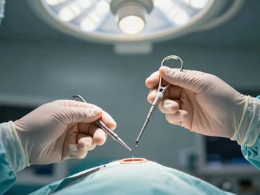 Close-up of gloved surgical hands holding a laparoscopic instrument over a sterile field, clinical fluorescent lighting from above, sharp focus on instrument tip, clean operating room environment