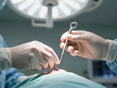 Close-up of gloved hands adjusting a laparoscopic instrument in a gynecological surgical setup, cool overhead fluorescent light, sterile draping visible at edges, sharp clinical focus