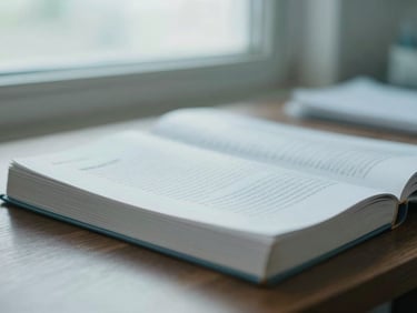 Close-up of medical textbooks on a dark wooden desk, soft natural window light, serene clinical environment