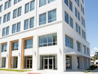 High-key architectural shot of a modern Florida commercial building, bright natural daylight, clean lines, professional environment